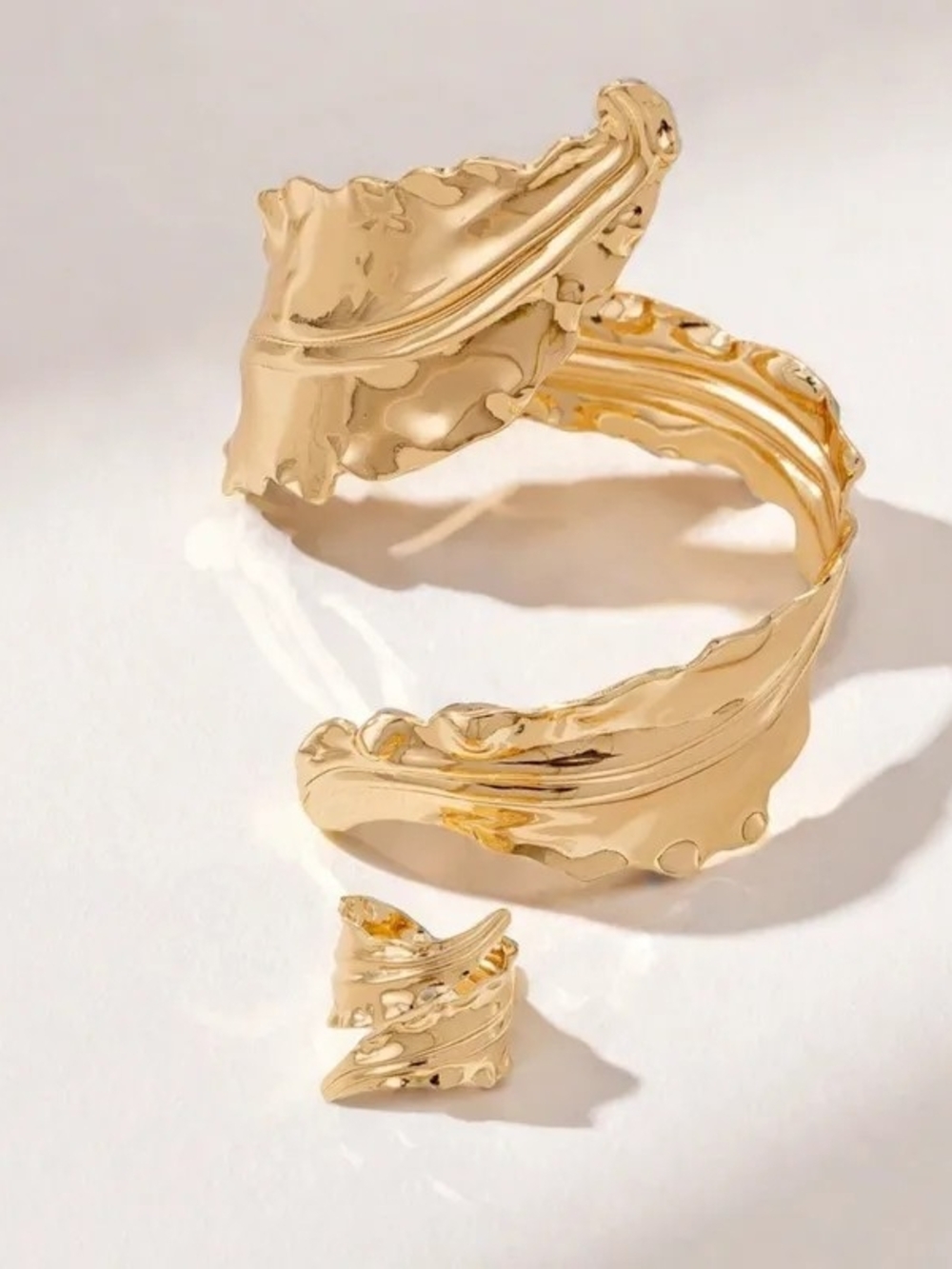 Gold Leaf Sculptural Cuff Bracelet and Ring Set - Women Jewelry